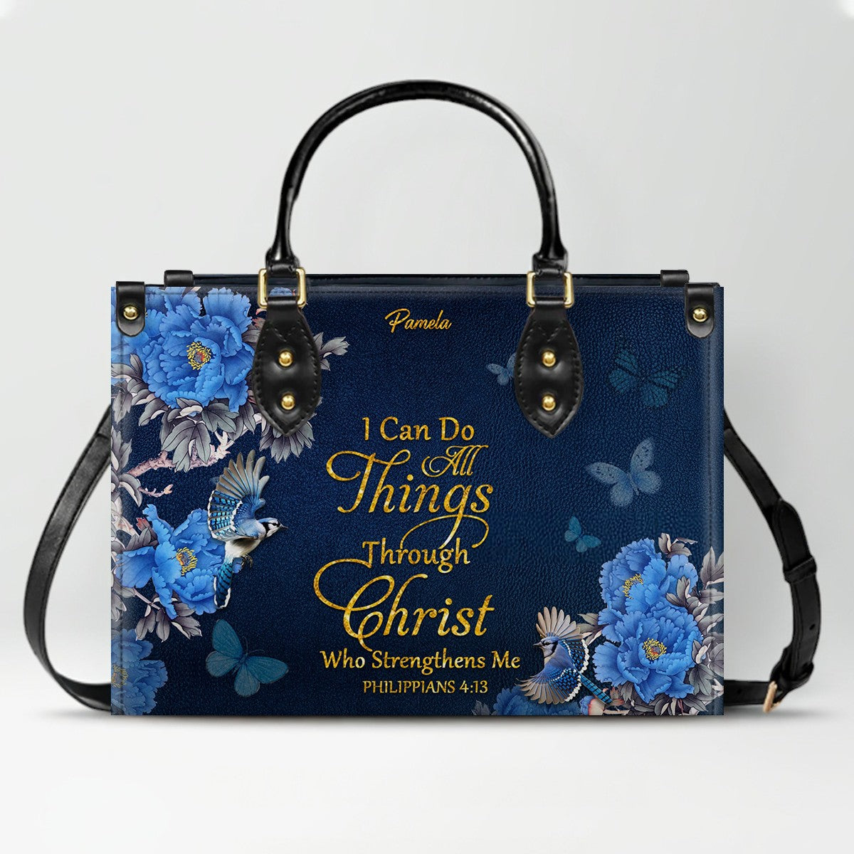 Personalized Christian Leather Handbag – Gold Navy Bible Verse Tote for Women | CHRISTIANARTBAG CAB01122325