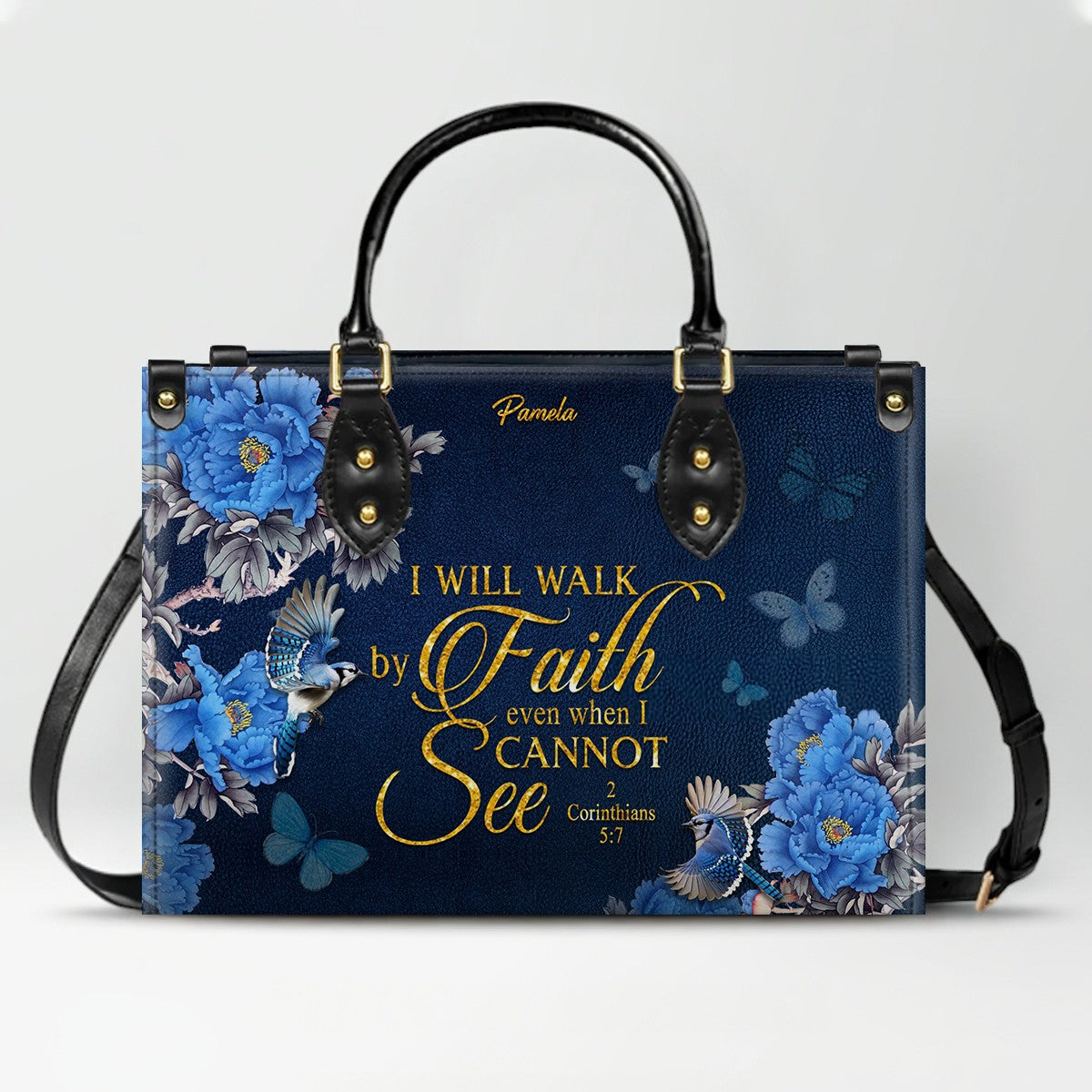Personalized Christian Leather Handbag – Gold Navy Bible Verse Tote for Women | CHRISTIANARTBAG CAB01122325