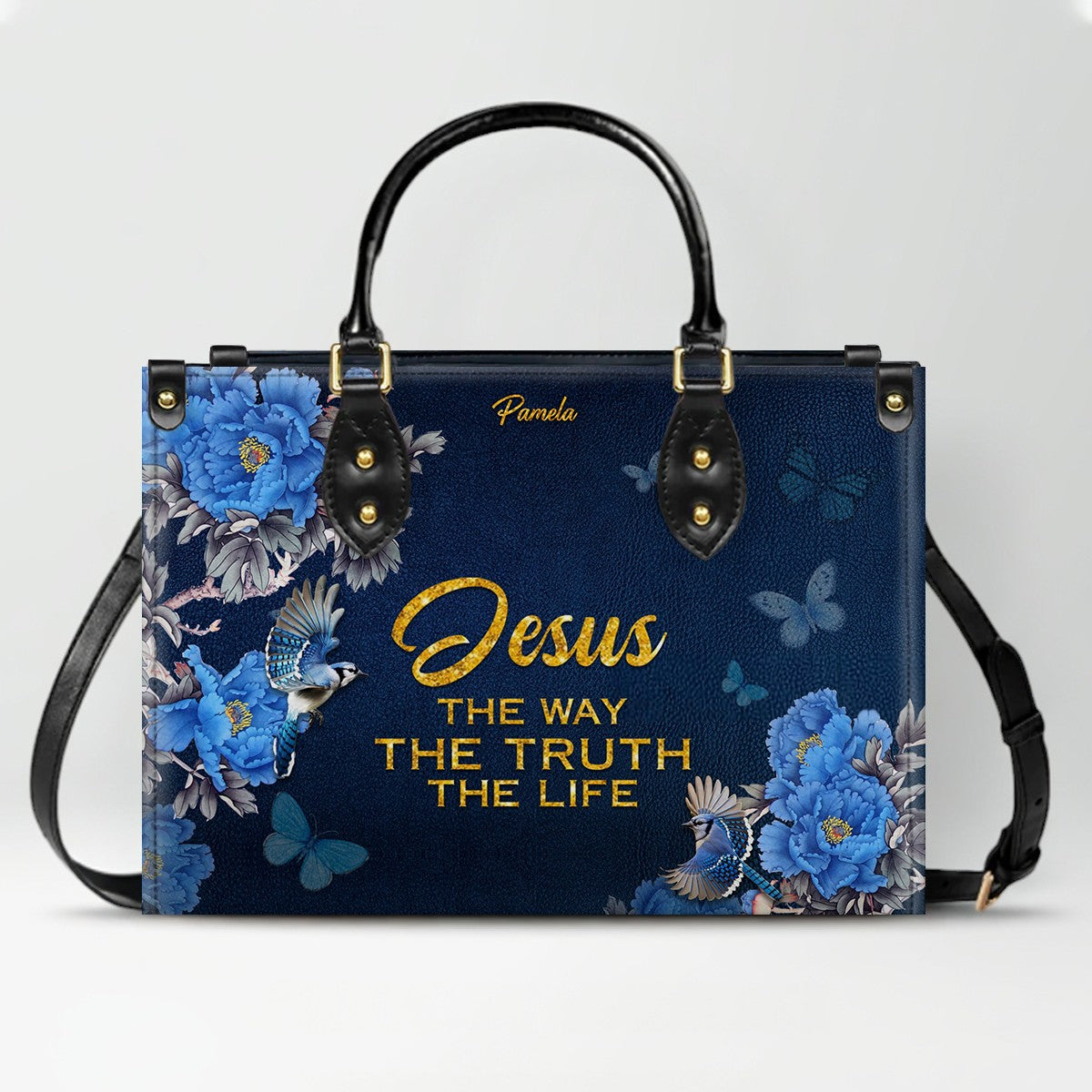 Personalized Christian Leather Handbag – Gold Navy Bible Verse Tote for Women | CHRISTIANARTBAG CAB01122325