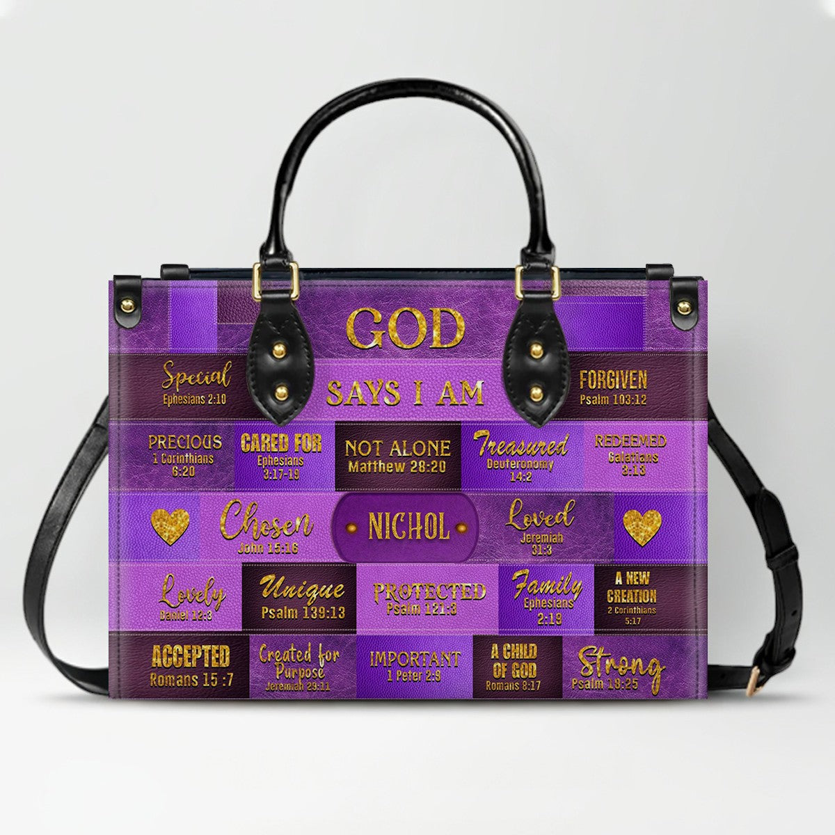 Personalized Christian Leather Handbag – “God Says I Am” Scripture Tote Bag for Women | Custom Name & Color | CHRISTIANARTBAG
