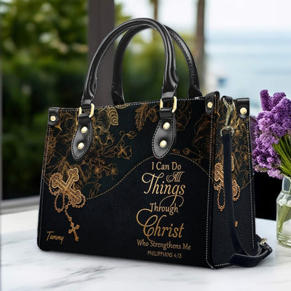 Personalized Leather Handbag | Black Cross Floral - I Can Do All Things Through Christ | CHRISTIANARTBAG CAB0271626