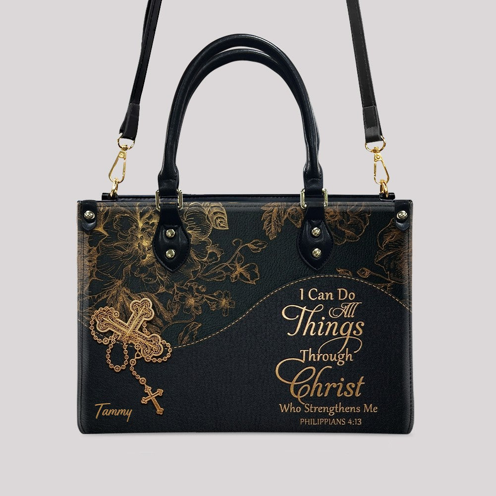 Personalized Leather Handbag | Black Cross Floral - I Can Do All Things Through Christ | CHRISTIANARTBAG CAB0271626