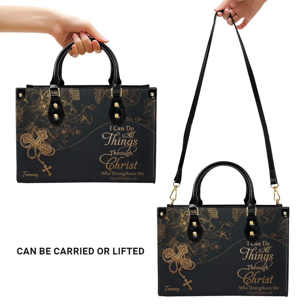 Personalized Leather Handbag | Black Cross Floral - I Can Do All Things Through Christ | CHRISTIANARTBAG CAB0271626