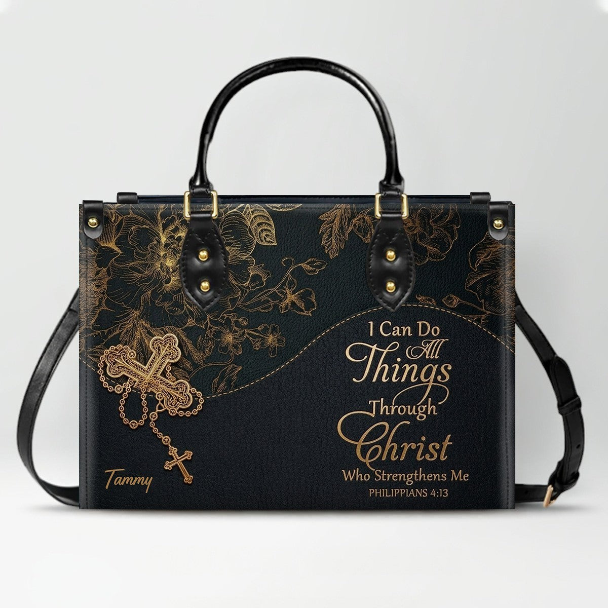 Personalized Leather Handbag | Black Cross Floral - I Can Do All Things Through Christ | CHRISTIANARTBAG CAB0271626