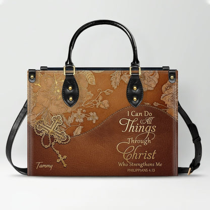 Personalized Leather Handbag | Black Cross Floral - I Can Do All Things Through Christ | CHRISTIANARTBAG CAB0271626