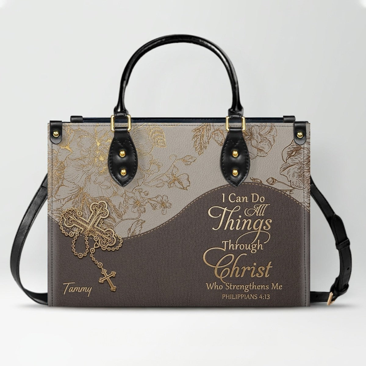 Personalized Leather Handbag | Black Cross Floral - I Can Do All Things Through Christ | CHRISTIANARTBAG CAB0271626
