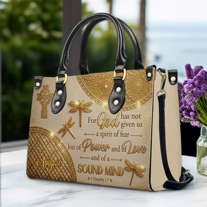 Personalized Leather Handbag | Custom Cross & Dragonfly Design - Gold Line Art - Religious Gift for Women - 2 Timothy 1:7 Scripture | CHRISTIANARTBAG CAB0171526