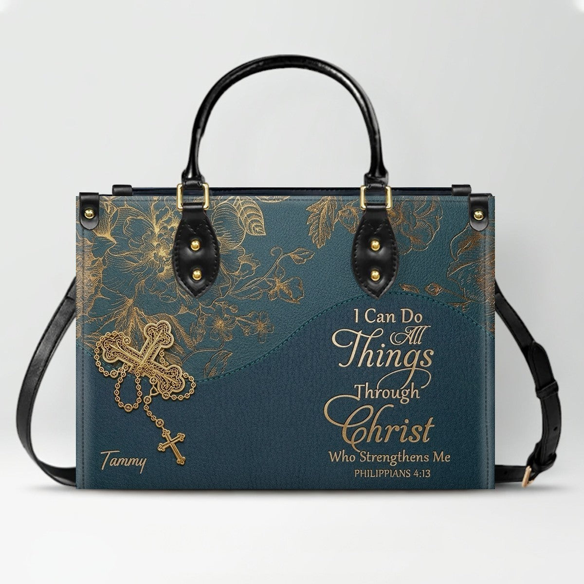 Personalized Leather Handbag | Black Cross Floral - I Can Do All Things Through Christ | CHRISTIANARTBAG CAB0271626