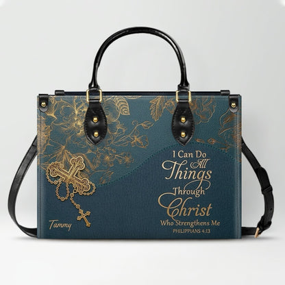 Personalized Leather Handbag | Black Cross Floral - I Can Do All Things Through Christ | CHRISTIANARTBAG CAB0271626