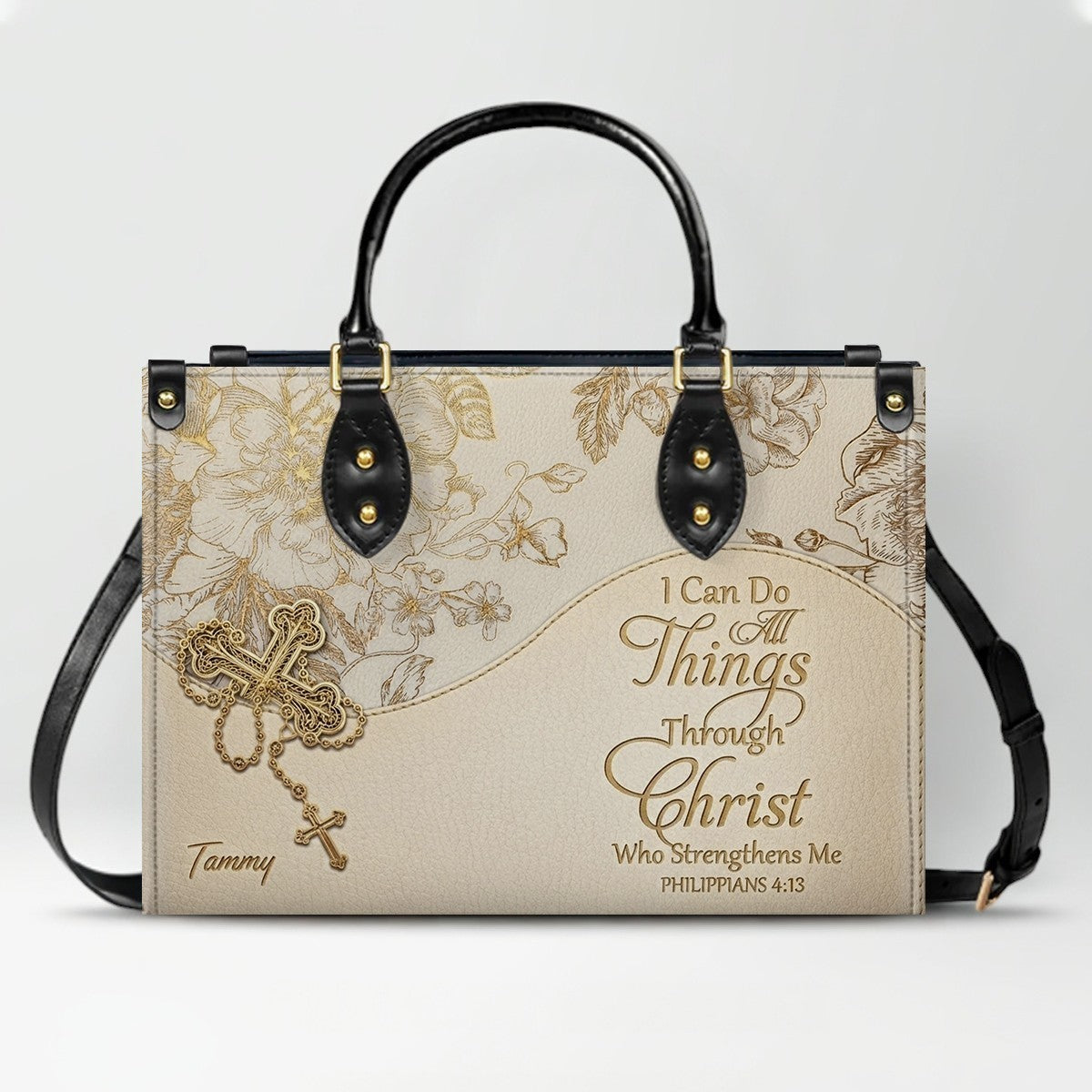 Personalized Leather Handbag | Black Cross Floral - I Can Do All Things Through Christ | CHRISTIANARTBAG CAB0271626