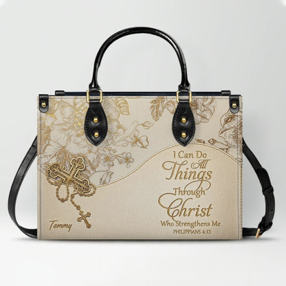 Personalized Leather Handbag | Black Cross Floral - I Can Do All Things Through Christ | CHRISTIANARTBAG CAB0271626