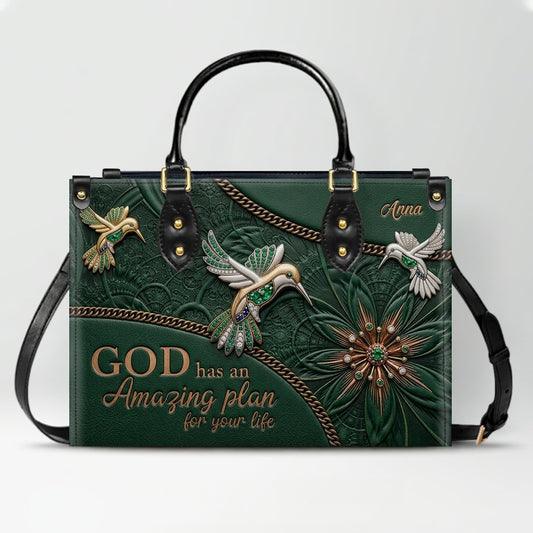 CHRISTIANARTBAG Personalized Leather Handbag - God Has An Amazing Plan For Your Life Hummingbird Floral Bag CAB01100326