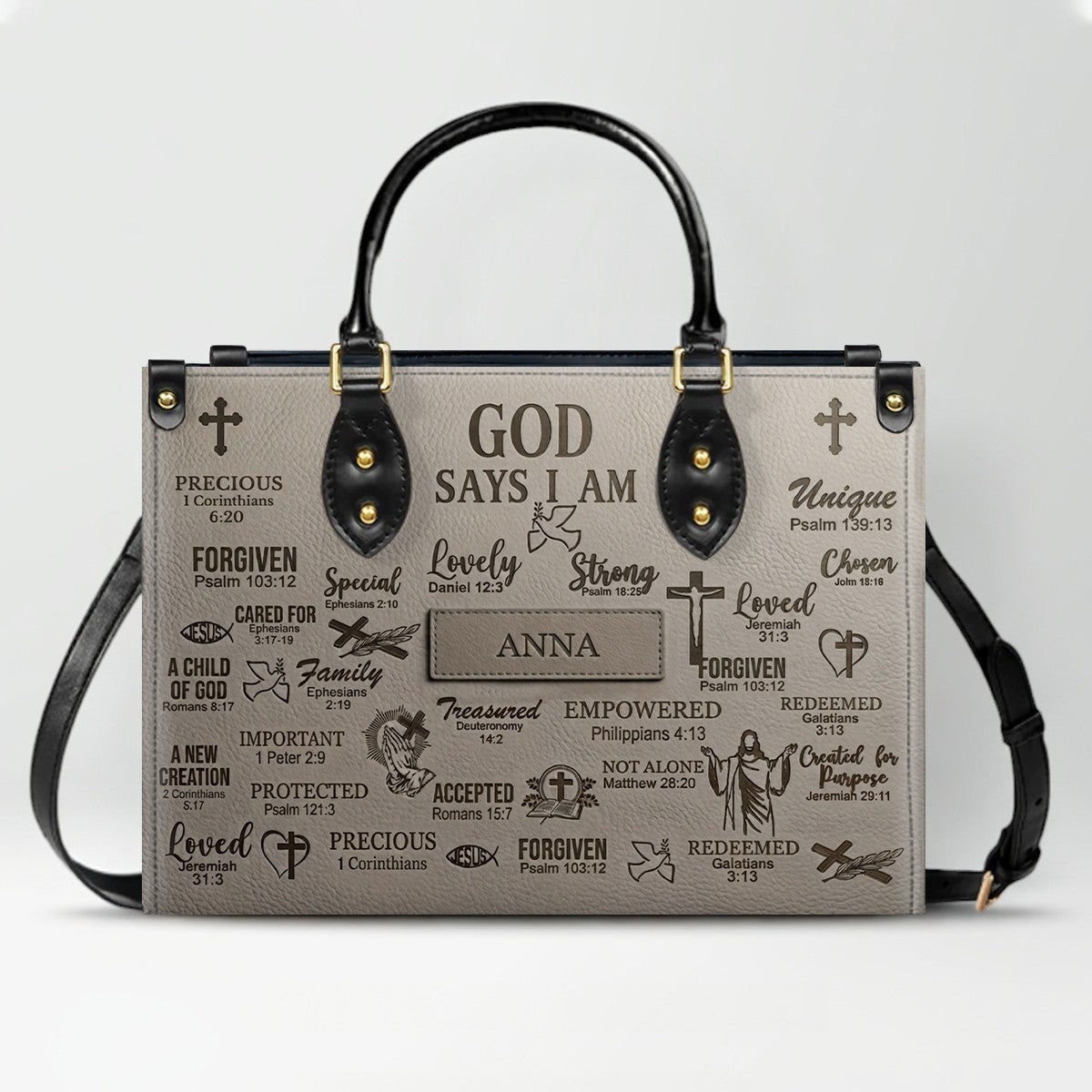 Personalized Christian Leather Handbag - Custom Name God Says I Am Bible Verse Tote Bag | CHRISTIANARTBAG 01072126