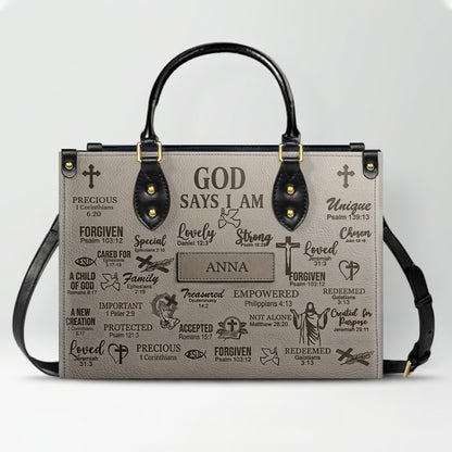 Personalized Christian Leather Handbag - Custom Name God Says I Am Bible Verse Tote Bag | CHRISTIANARTBAG 01072126
