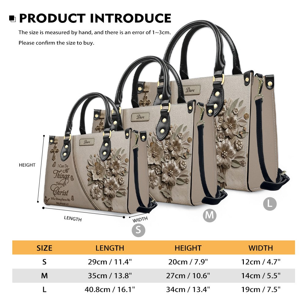 Custom Name Greige Leather Handbag | "I Can Do All Things Through Christ" Floral Design | CHRISTIANARTBAG 01070326