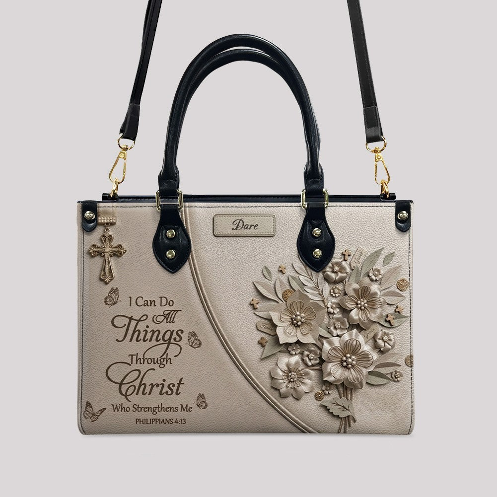 Custom Name Greige Leather Handbag | "I Can Do All Things Through Christ" Floral Design | CHRISTIANARTBAG 01070326