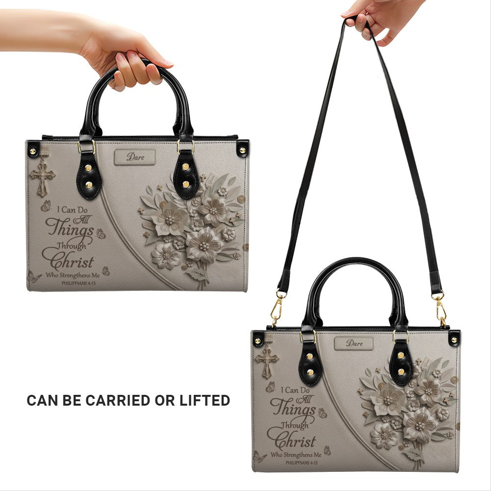 Custom Name Greige Leather Handbag | "I Can Do All Things Through Christ" Floral Design | CHRISTIANARTBAG 01070326