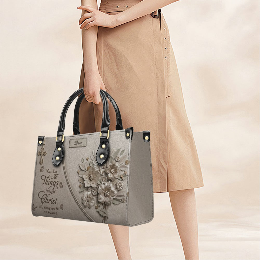 Custom Name Greige Leather Handbag | "I Can Do All Things Through Christ" Floral Design | CHRISTIANARTBAG 01070326