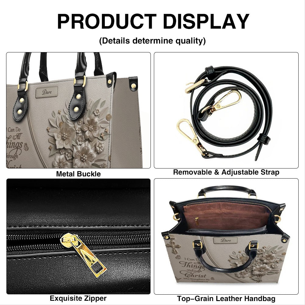 Custom Name Greige Leather Handbag | "I Can Do All Things Through Christ" Floral Design | CHRISTIANARTBAG 01070326
