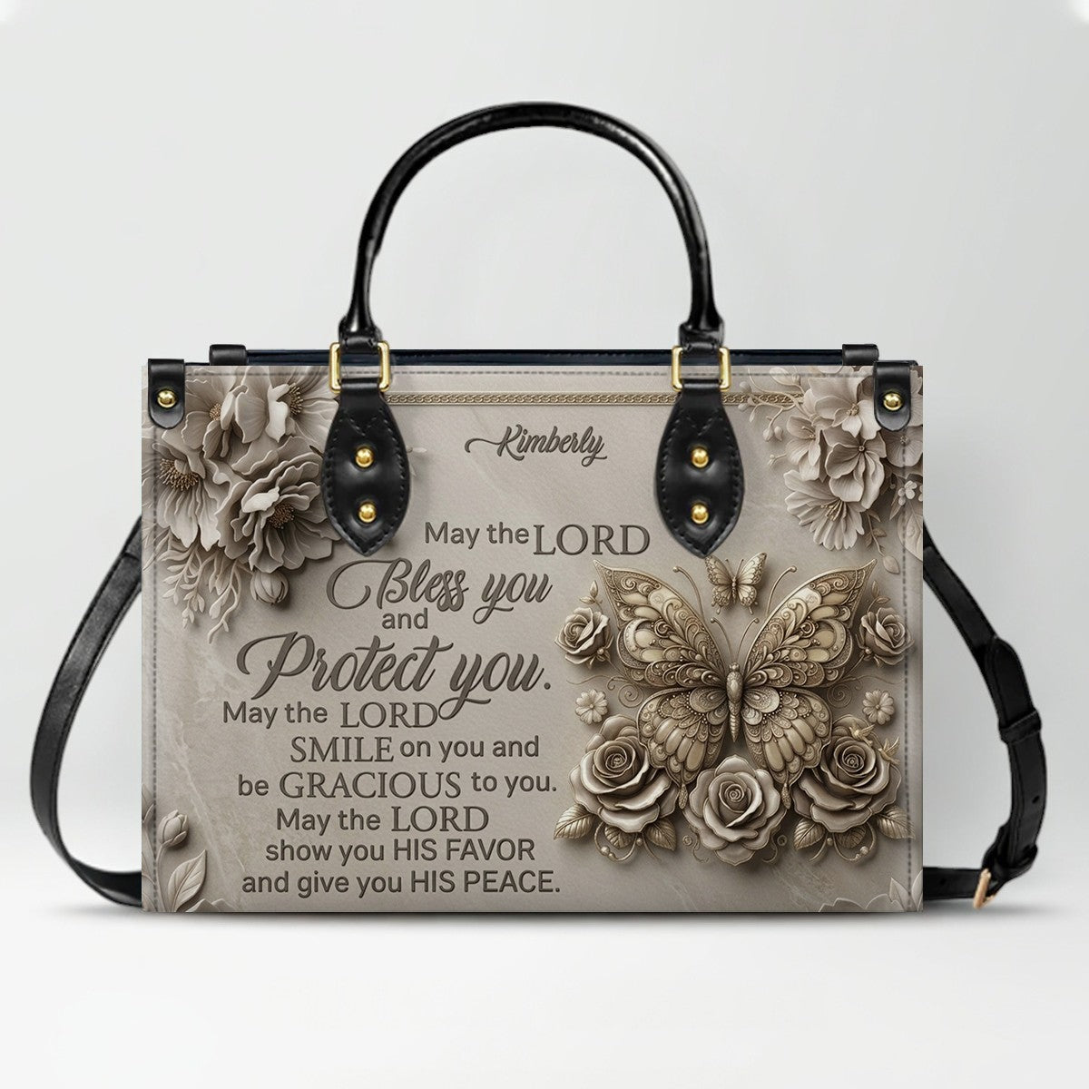 CHRISTIANARTBAG Personalized Leather Handbag, Custom Name & Color, "May The Lord Bless You" Butterfly & Floral Design, Luxury Christian Tote Bag CAB01072226