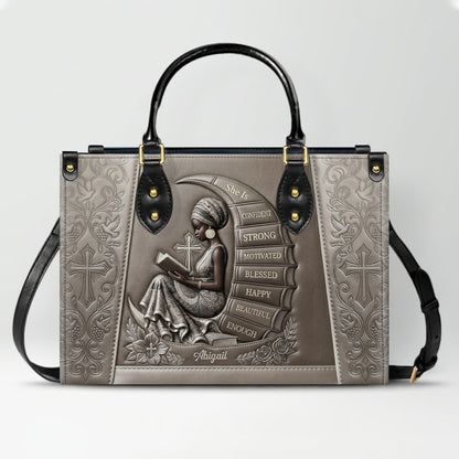 Personalized Leather Handbag for Christian Women - Custom Name, Skin Tone & Color "She Is" Affirmation Tote Bag | CHRISTIANARTBAG 01080326
