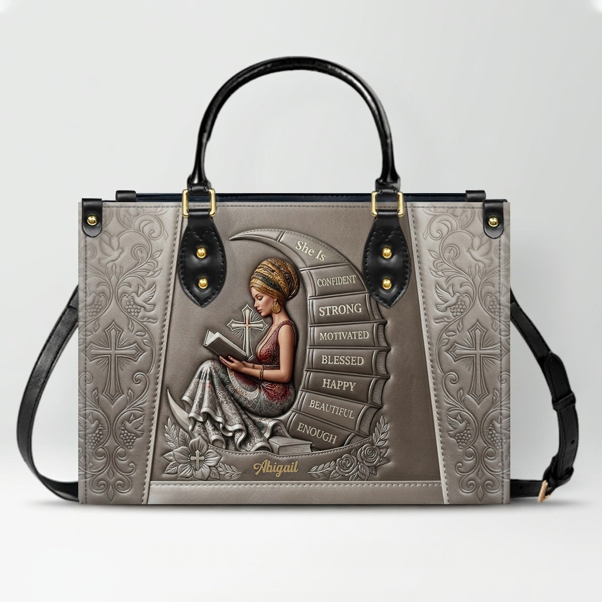 Personalized Leather Handbag for Christian Women - Custom Name, Skin Tone & Color "She Is" Affirmation Tote Bag | CHRISTIANARTBAG 01080326