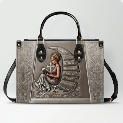 Personalized Leather Handbag for Christian Women - Custom Name, Skin Tone & Color "She Is" Affirmation Tote Bag | CHRISTIANARTBAG 01080326