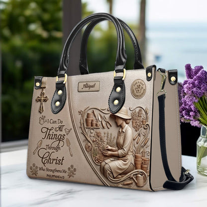 CHRISTIANARTBAG Personalized Leather Handbag - Custom Name Greige Crossbody Bag, Christian Gift for Women, Philippians 4:13 Gardening Tote CAB0171926