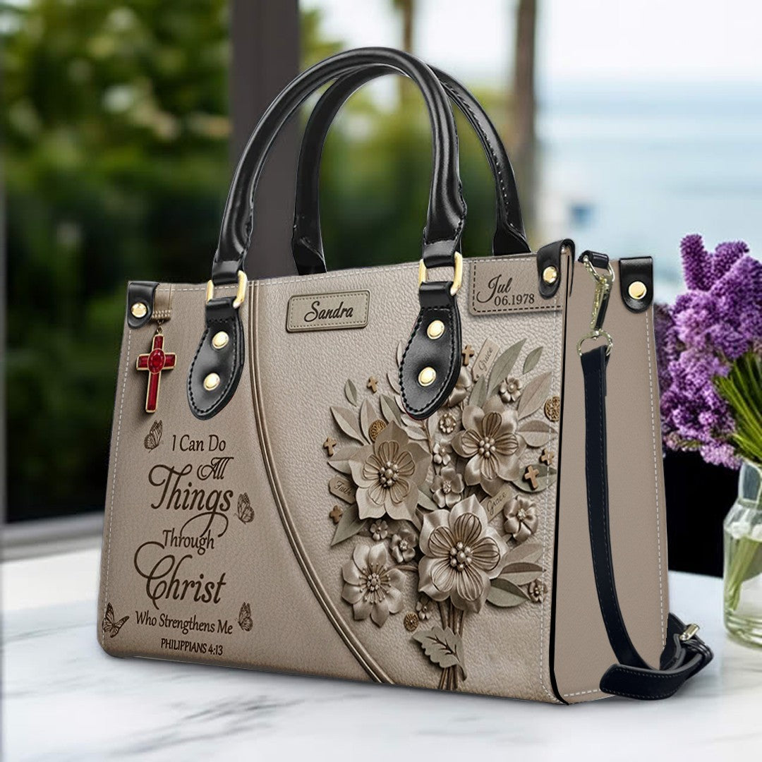 Personalized Christian Leather Handbag with Custom Name & Birthstone - "I Can Do All Things Through Christ" Philippians 4:13 Purse | CHRISTIANARTBAG 01072526