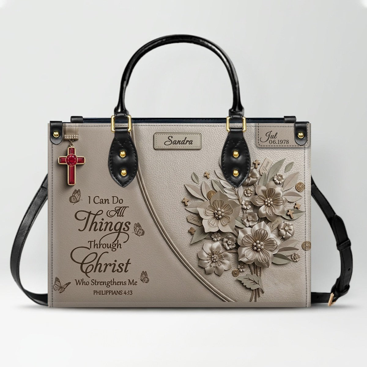 Personalized Christian Leather Handbag with Custom Name & Birthstone - "I Can Do All Things Through Christ" Philippians 4:13 Purse | CHRISTIANARTBAG 01072526