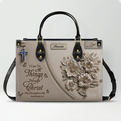 Personalized Christian Leather Handbag with Custom Name & Birthstone - "I Can Do All Things Through Christ" Philippians 4:13 Purse | CHRISTIANARTBAG 01072526