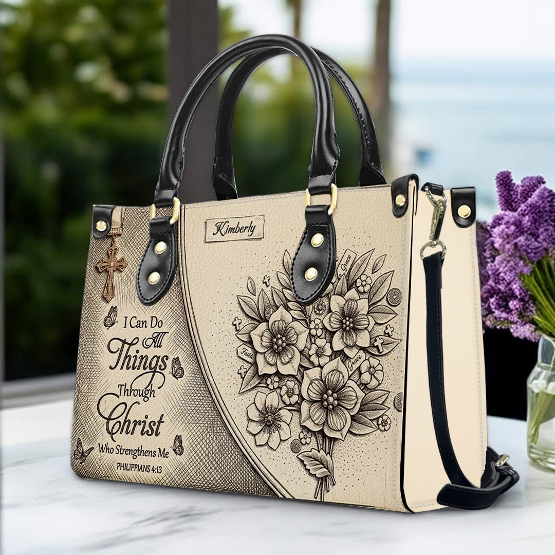 Custom Name Hand-Drawn Ink Sketch Leather Handbag | "I Can Do All Things Through Christ" Floral Design | CHRISTIANARTBAG 01070426