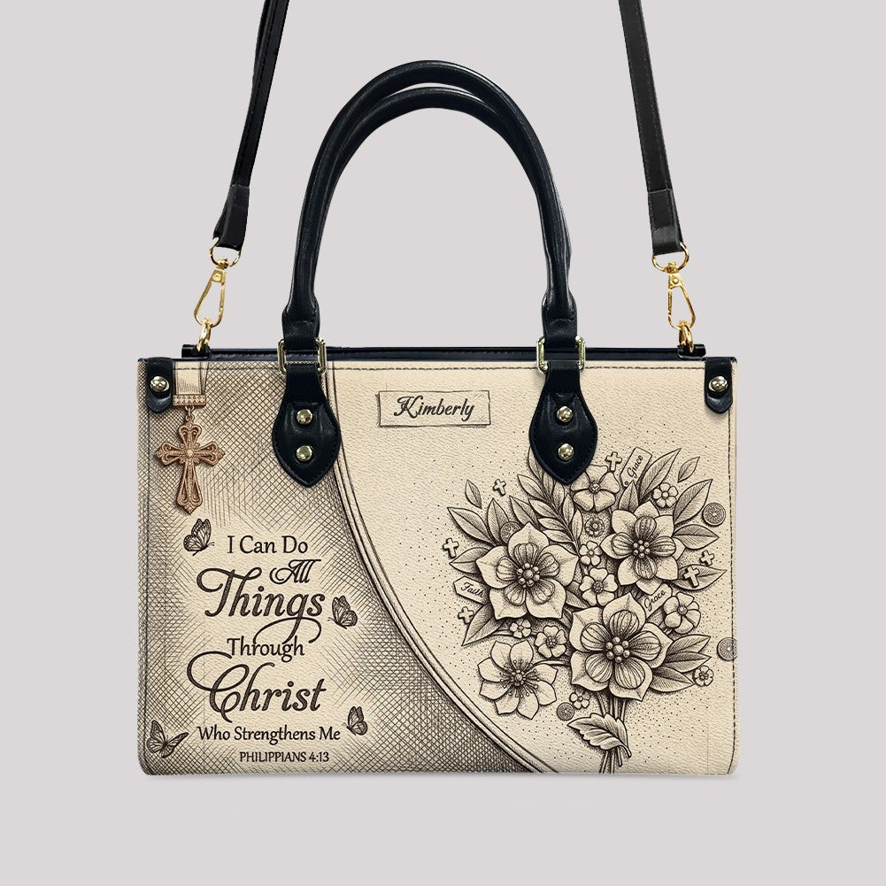 Custom Name Hand-Drawn Ink Sketch Leather Handbag | "I Can Do All Things Through Christ" Floral Design | CHRISTIANARTBAG 01070426