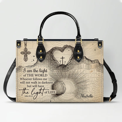 CHRISTIANARTBAG Personalized Leather Handbag - "I Am The Light of The World" John 8:12 Bible Verse Tote Bag with Cross Charm - Custom Name