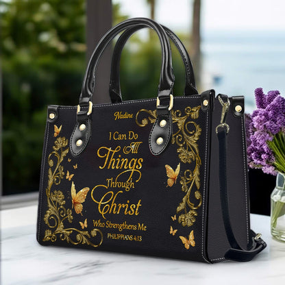 Personalized Christian Leather Handbag - Custom Name Bible Verse Tote Bag - Floral Butterfly Embossed Satchel - Luxury Boho Gift for Christian Women - CHRISTIANARTBAG