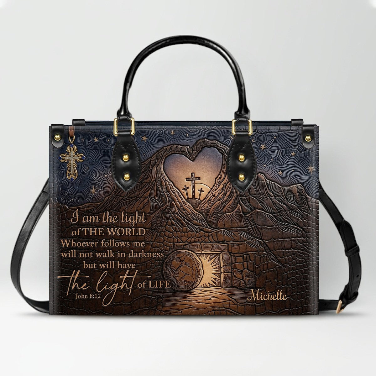 CHRISTIANARTBAG Personalized Leather Handbag - "I Am The Light of The World" John 8:12 Bible Verse Tote Bag with Cross Charm - Custom Name