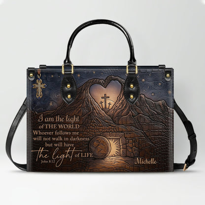 CHRISTIANARTBAG Personalized Leather Handbag - "I Am The Light of The World" John 8:12 Bible Verse Tote Bag with Cross Charm - Custom Name