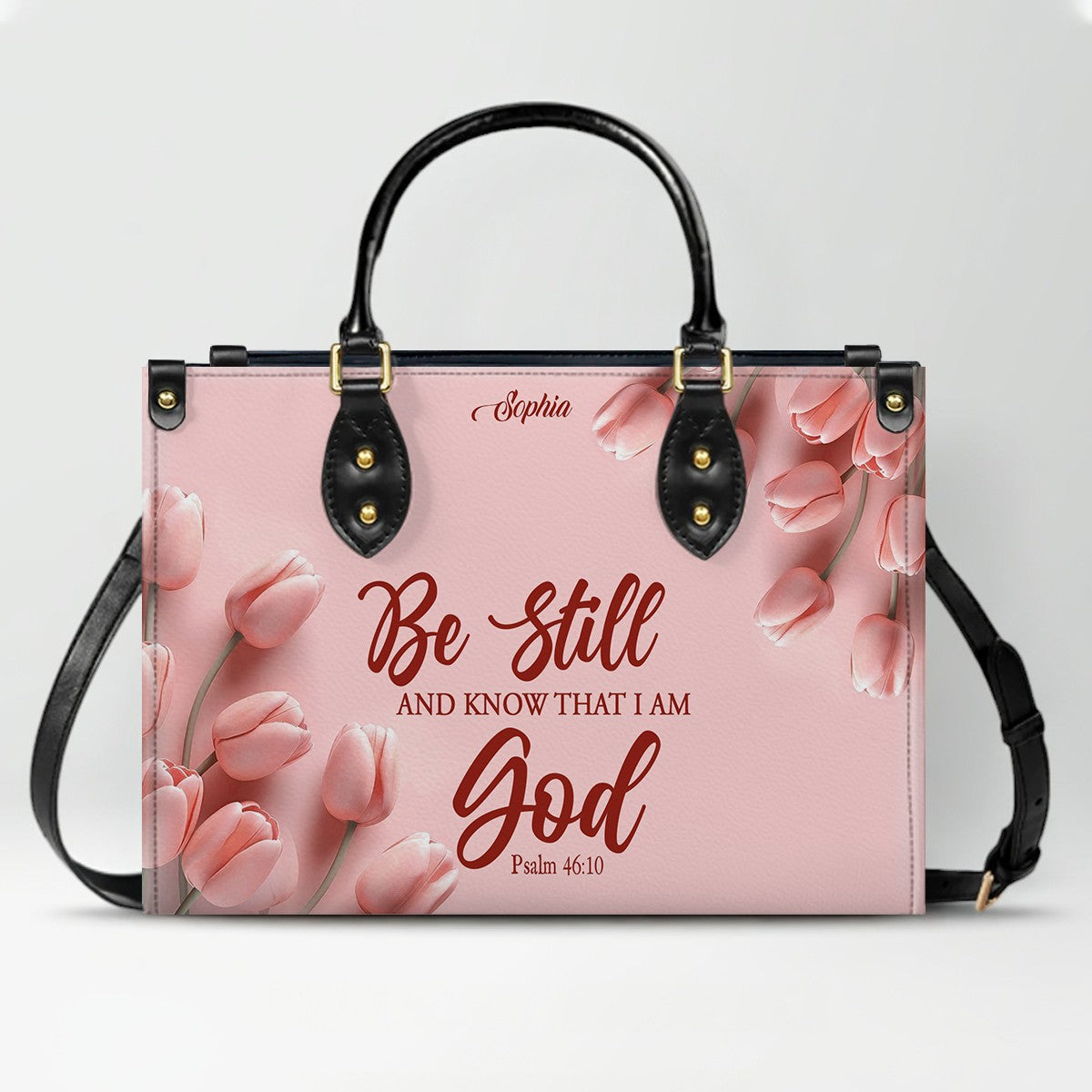 Personalized Leather Handbag for Women – Custom Name Christian Bible Verse Purse – Floral Pink Tulip Scripture Bag – Gift by CHRISTIANARTBAG CAB 022726