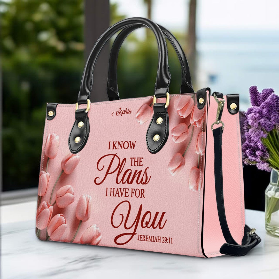 Personalized Leather Handbag for Women – Custom Name Christian Bible Verse Purse – Floral Pink Tulip Scripture Bag – Gift by CHRISTIANARTBAG CAB 022726