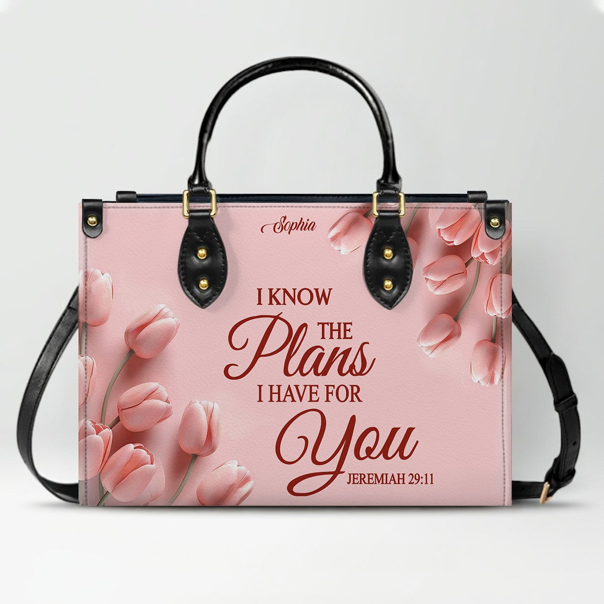 Personalized Leather Handbag for Women – Custom Name Christian Bible Verse Purse – Floral Pink Tulip Scripture Bag – Gift by CHRISTIANARTBAG CAB 022726