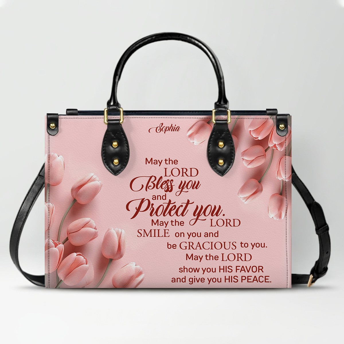Personalized Leather Handbag for Women – Custom Name Christian Bible Verse Purse – Floral Pink Tulip Scripture Bag – Gift by CHRISTIANARTBAG CAB 022726