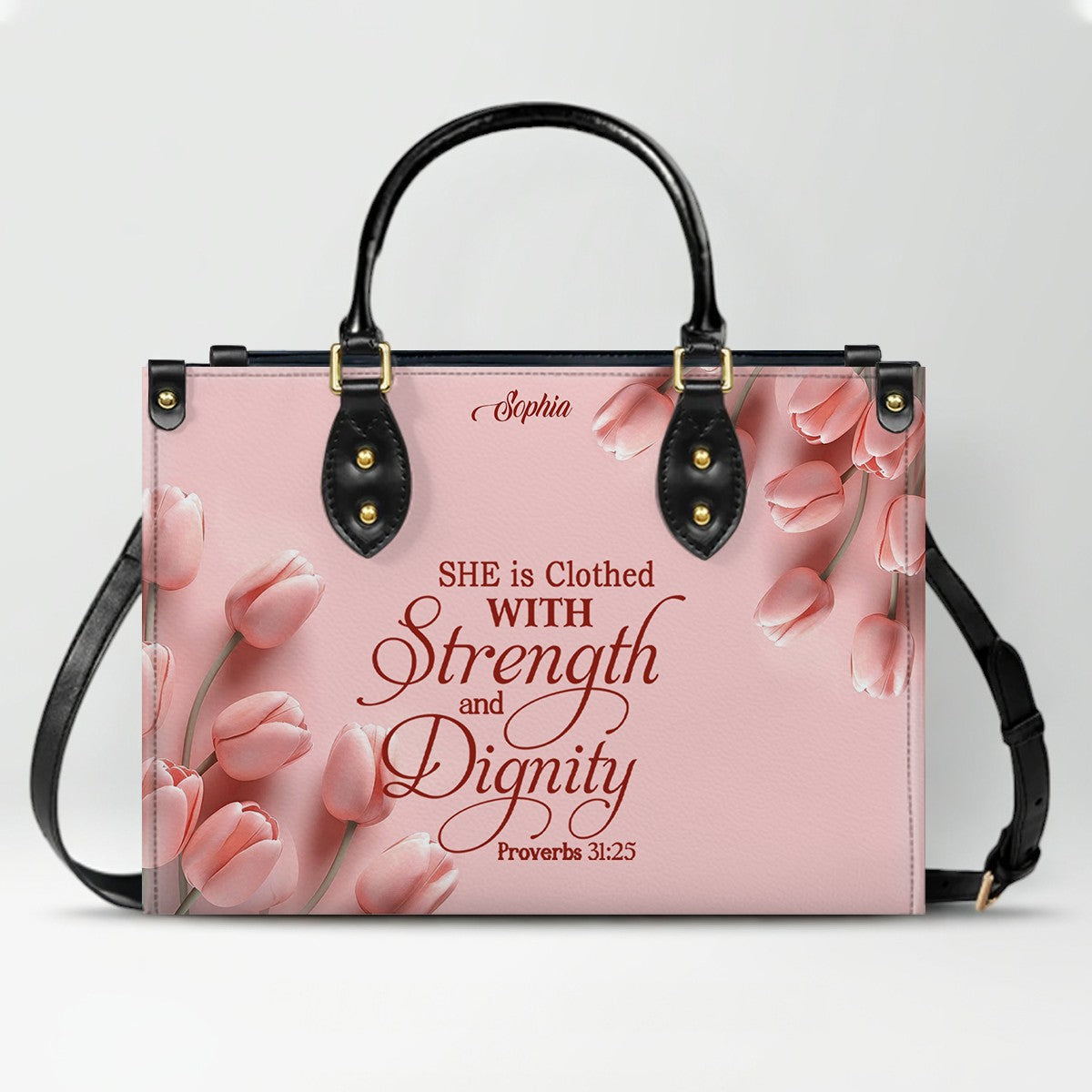 Personalized Leather Handbag for Women – Custom Name Christian Bible Verse Purse – Floral Pink Tulip Scripture Bag – Gift by CHRISTIANARTBAG CAB 022726
