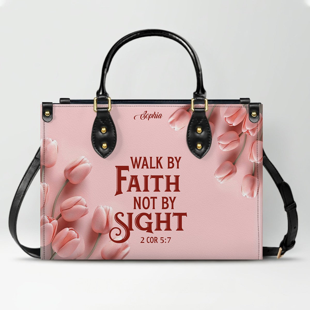 Personalized Leather Handbag for Women – Custom Name Christian Bible Verse Purse – Floral Pink Tulip Scripture Bag – Gift by CHRISTIANARTBAG CAB 022726