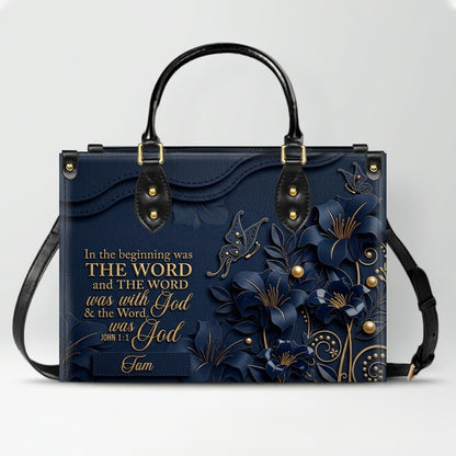Custom Christian Leather Handbag with Name – John 1:1 Scripture Floral Purse | CHRISTIANARTBAG CA01100726