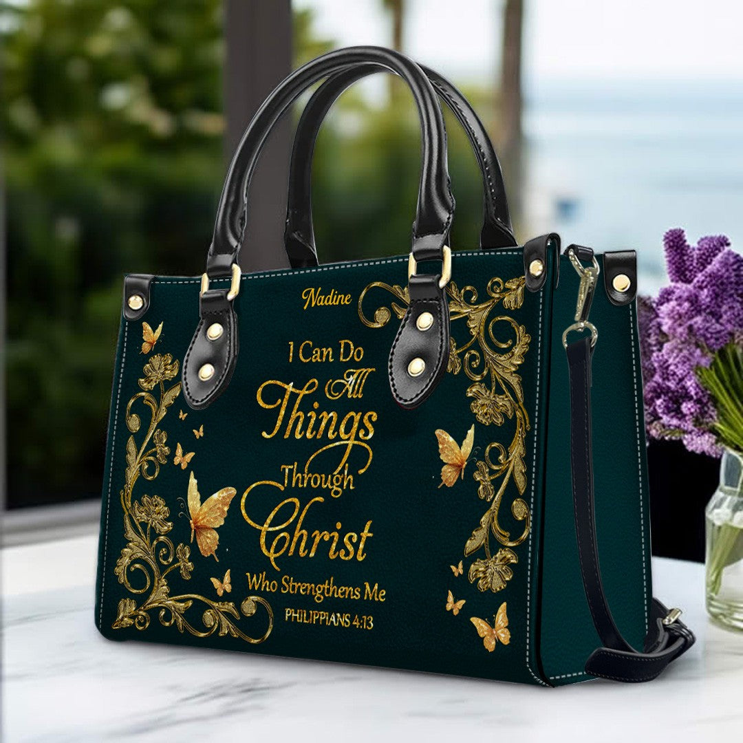 Personalized Christian Leather Handbag - Custom Name Bible Verse Tote Bag - Floral Butterfly Embossed Satchel - Luxury Boho Gift for Christian Women - CHRISTIANARTBAG