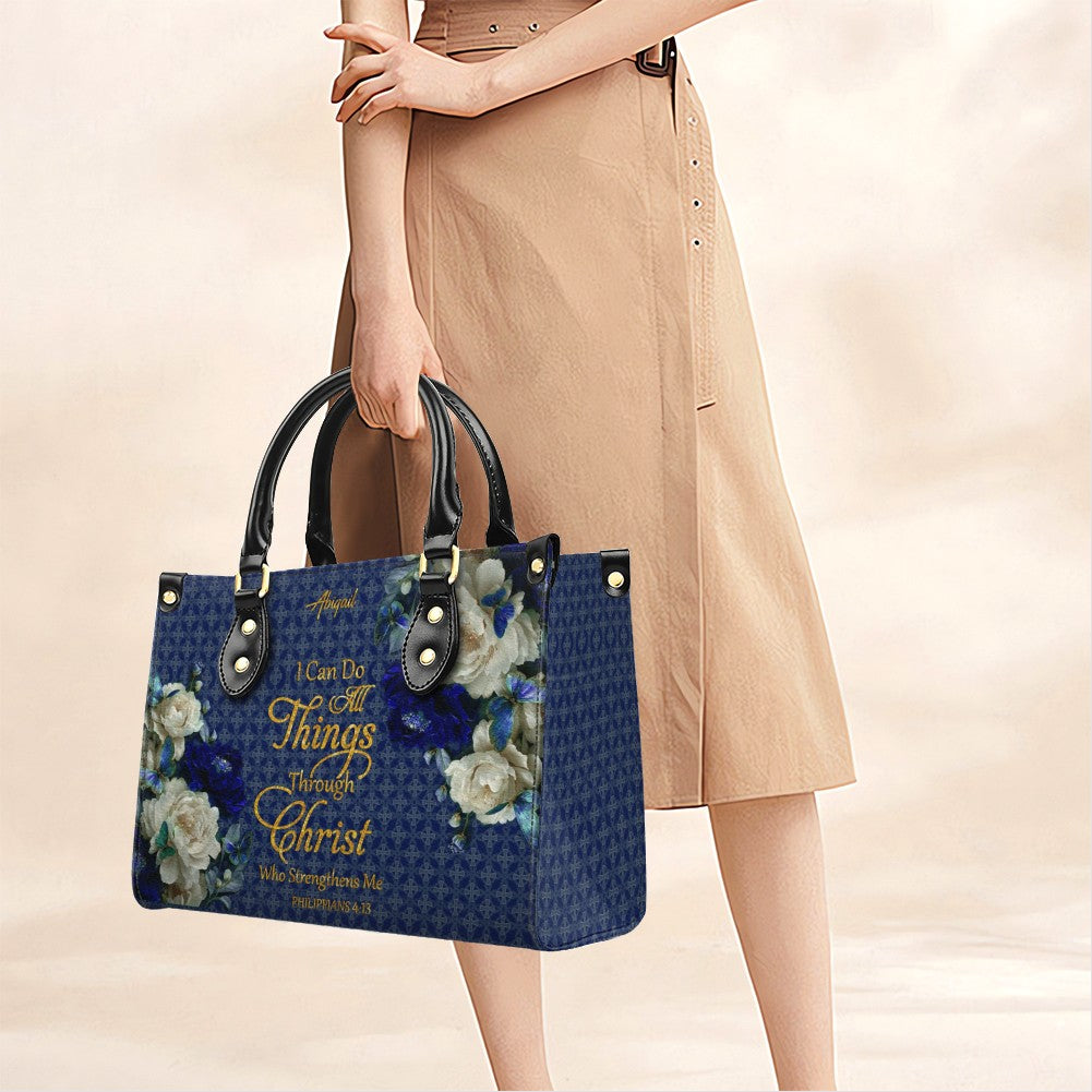 Personalized Christian Leather Handbag & Long Wallet Set – Custom Name Bible Verse Floral Blue Bag Gift for Women