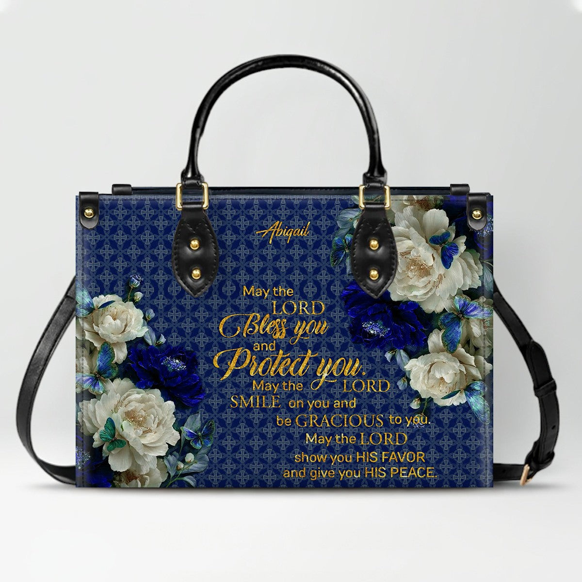 Personalized Christian Leather Handbag & Long Wallet Set – Custom Name Bible Verse Floral Blue Bag Gift for Women