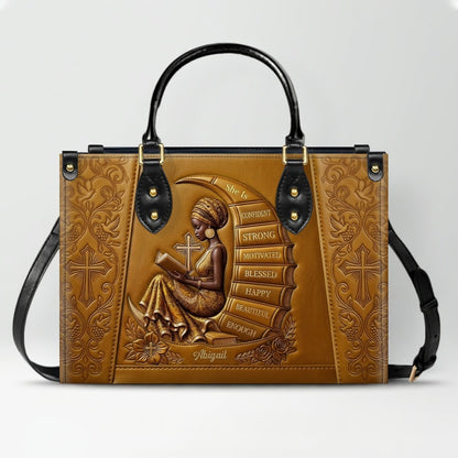 Personalized Leather Handbag for Christian Women - Custom Name, Skin Tone & Color "She Is" Affirmation Tote Bag | CHRISTIANARTBAG 01080326