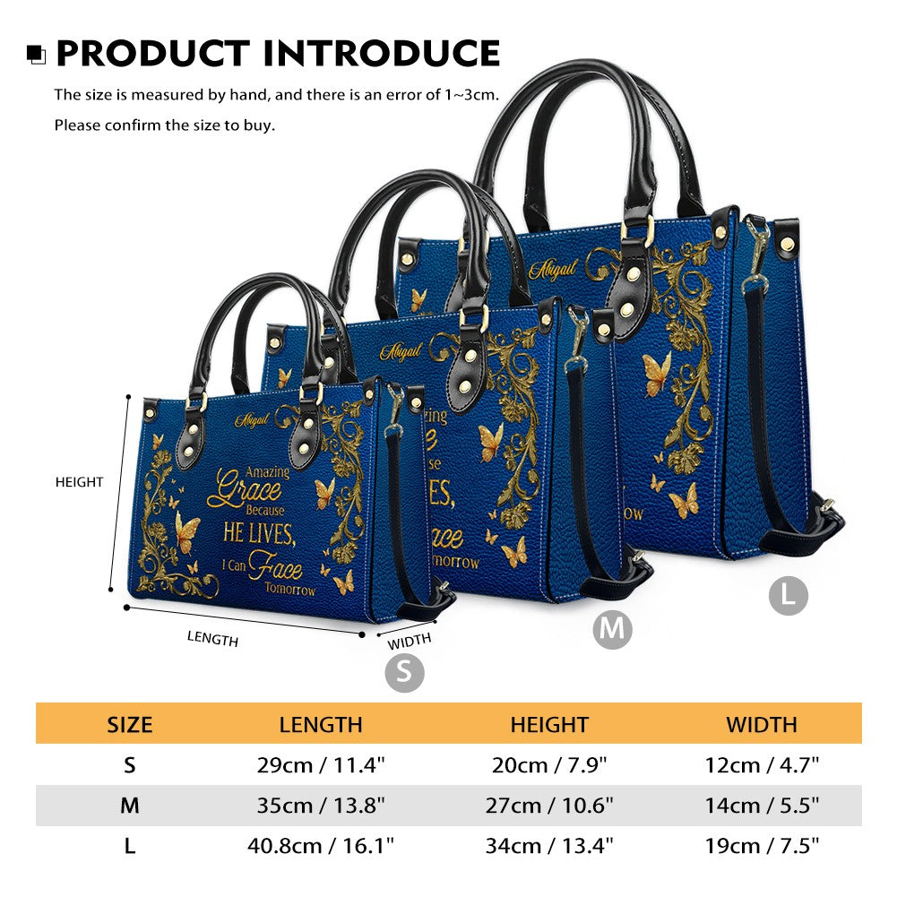 Personalized Christian Leather Handbag – Amazing Grace Because He Lives Tote, Custom Name Faith Gift for Women, Luxury Gold Foil Purse – CHRISTIANARTBAG