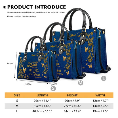 Personalized Christian Leather Handbag – Amazing Grace Because He Lives Tote, Custom Name Faith Gift for Women, Luxury Gold Foil Purse – CHRISTIANARTBAG